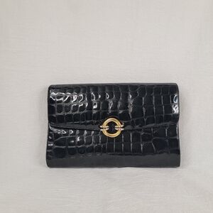 Vintage RODO Italy Black Croc-Embossed Patent Leather Clutch